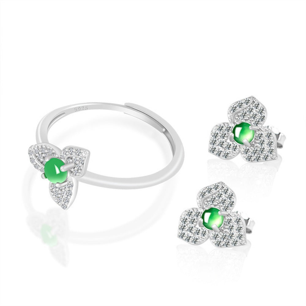 S925 Silver with Natural Jadeite Flower Women's Earrings and Ring Set