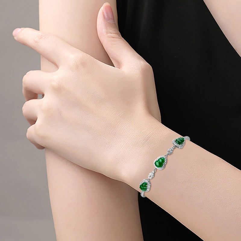 S925 Silver Inlaid Jade Sun Green Gourd Bracelet