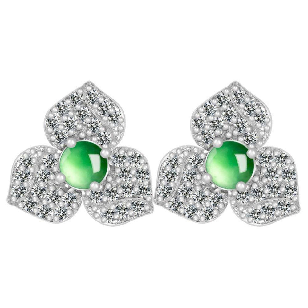 S925 Silver with Natural Jadeite Flower Women's Earrings and Ring Set