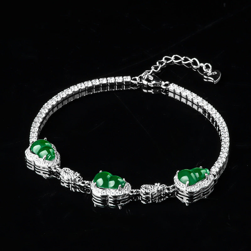 S925 Silver Inlaid Jade Sun Green Gourd Bracelet