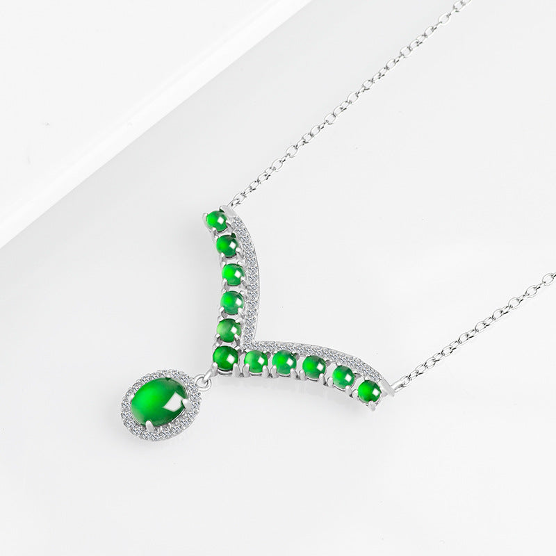 S925 Silver Set Pendant Ice Jade Women's Fashion Necklace