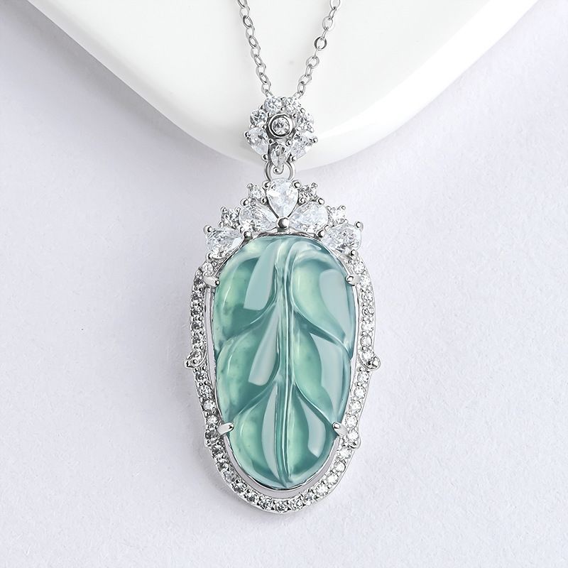 S925 Silver Inlaid Jade Blue Water Leaf Jade Stone Pendant