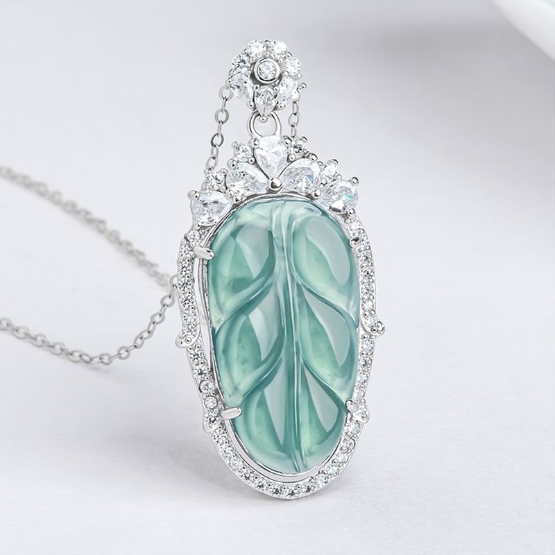 S925 Silver Inlaid Jade Blue Water Leaf Jade Stone Pendant