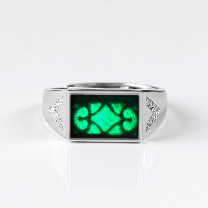 S925 Silver Emerald Ink Saddle Ring Adjustable for Men and Women