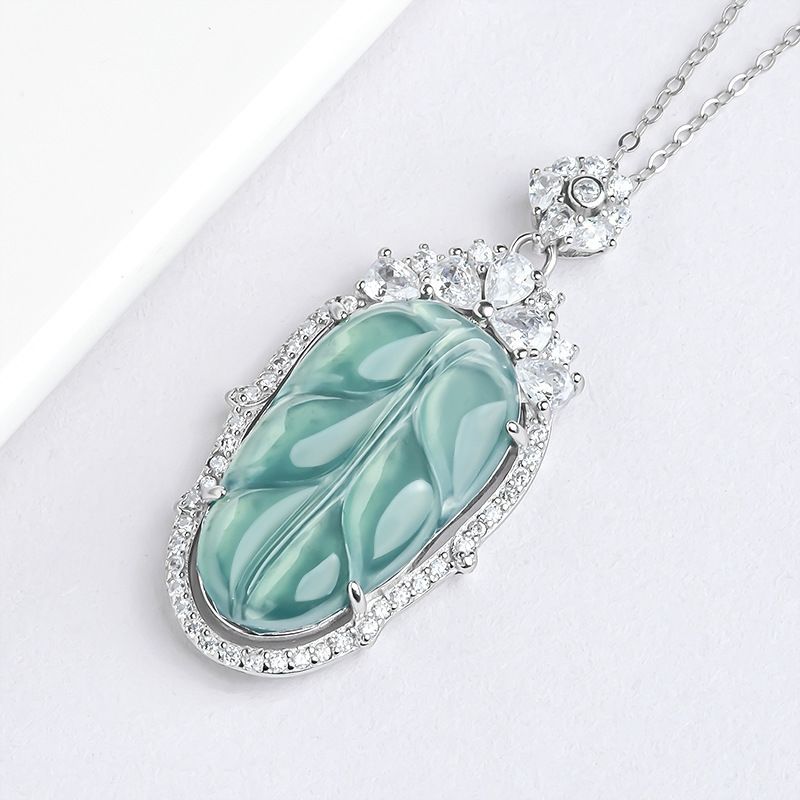 S925 Silver Inlaid Jade Blue Water Leaf Jade Stone Pendant